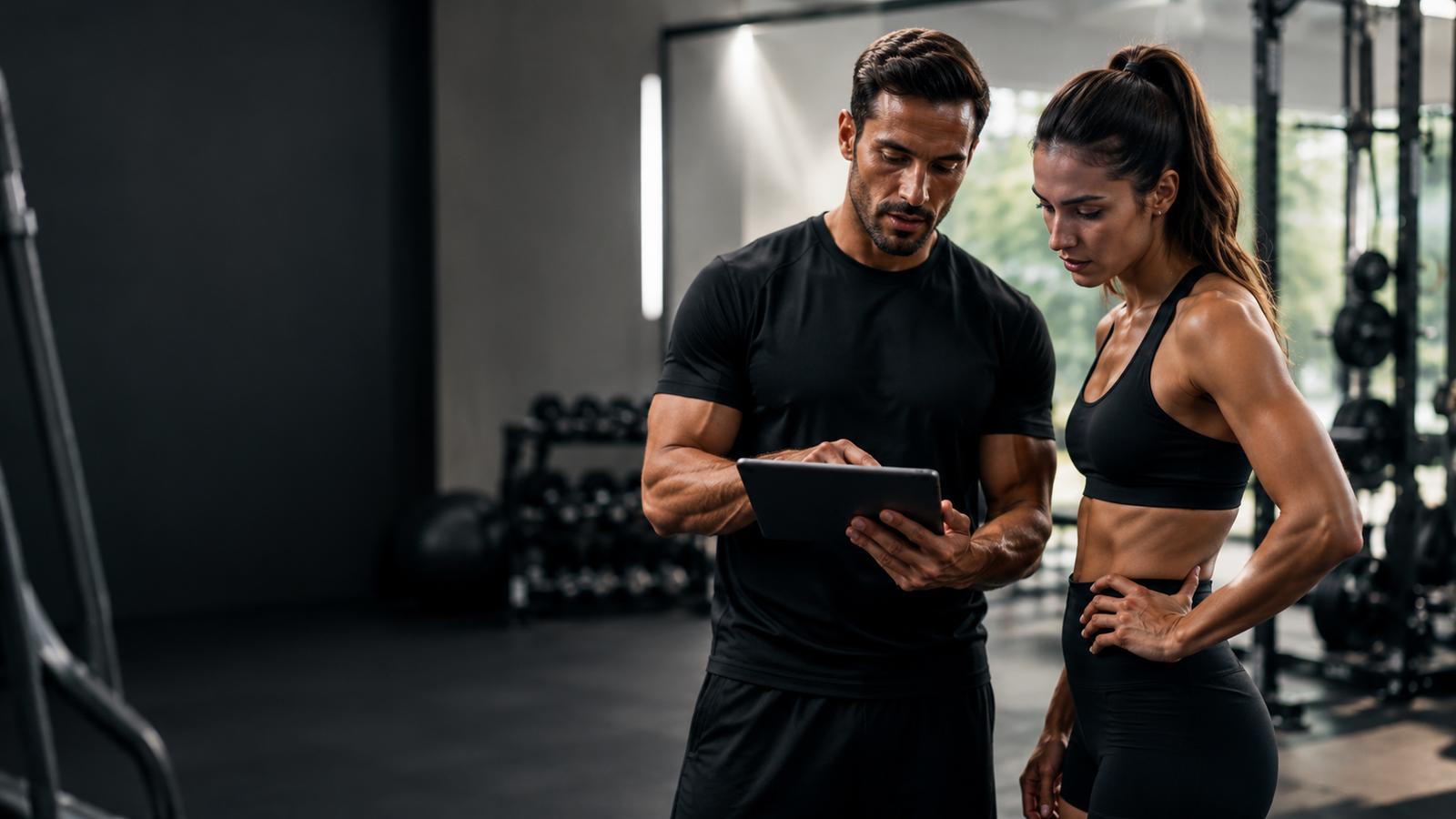 Trainer and client reviewing a focused workout plan on a tablet